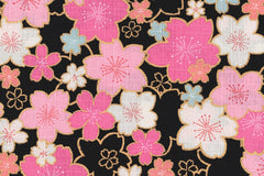 Japanese Fabric Bright Fun Sakura Blossoms - black, pink, gold, mint - 50cm