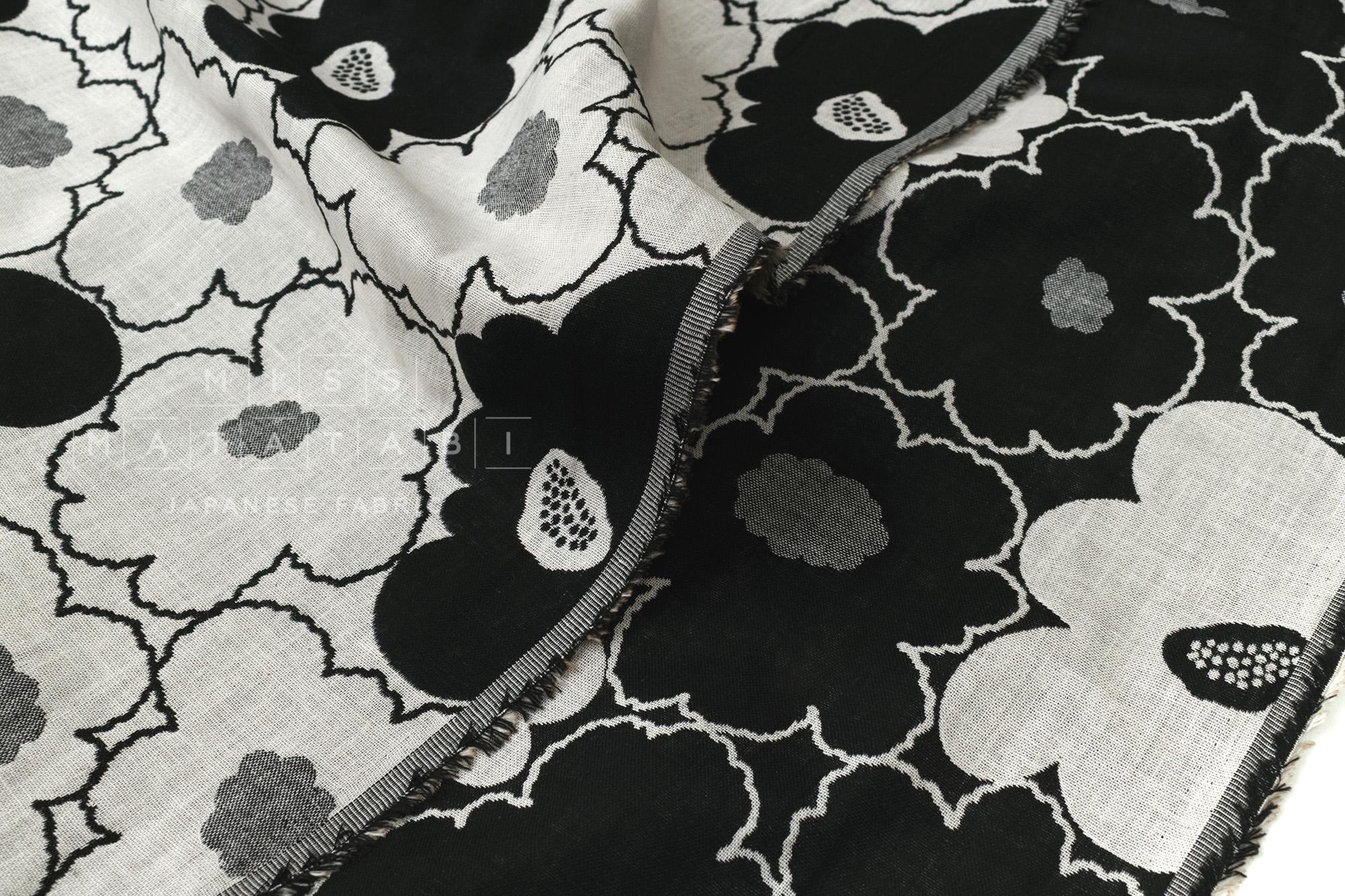 Japanese Fabric Yarn Dyed Woven Jacquard Bold Floral - grey, black - 50cm