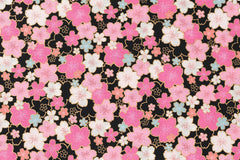 Japanese Fabric Bright Fun Sakura Blossoms - black, pink, gold, mint - 50cm
