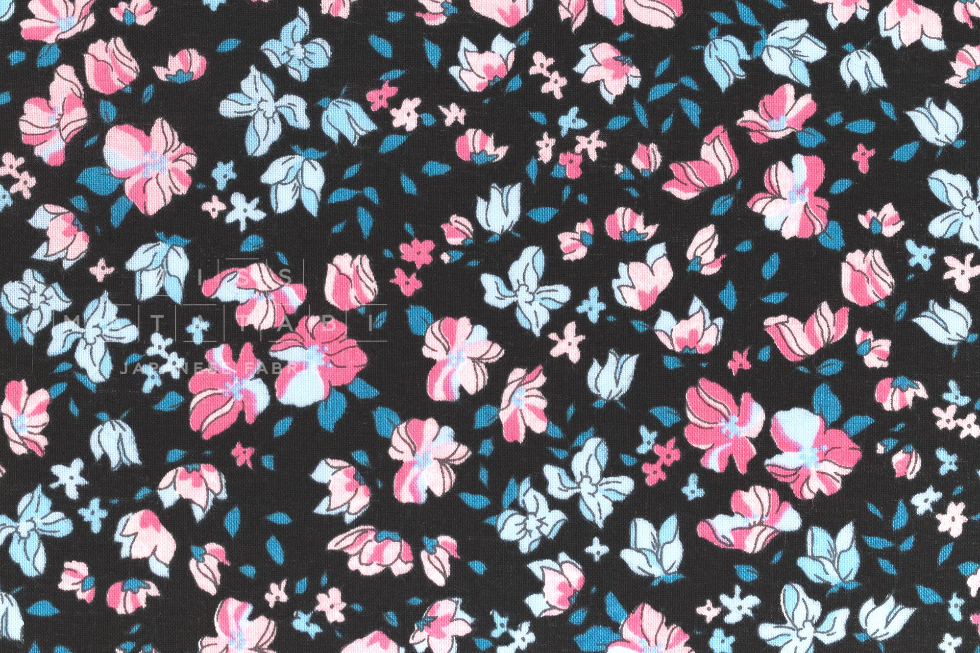 DEADSTOCK Japanese Fabric Flightly Floral - black, pink, blue - 50cm