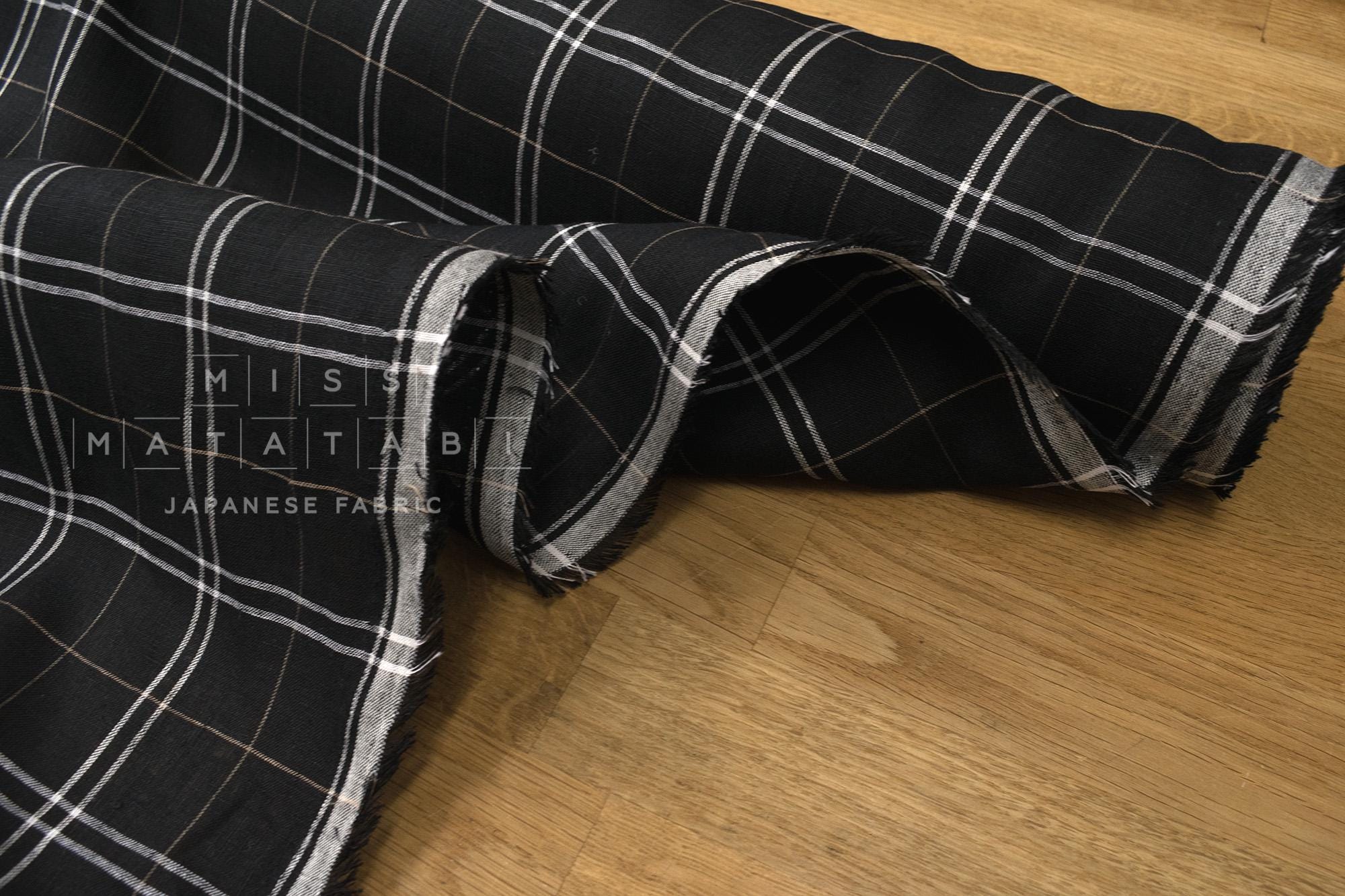 DEADSTOCK Japanese Fabric 100% Linen Check Plaid - black - 50cm