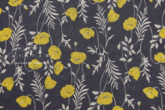 100% リネン ポピー II - チャコール、イエロー