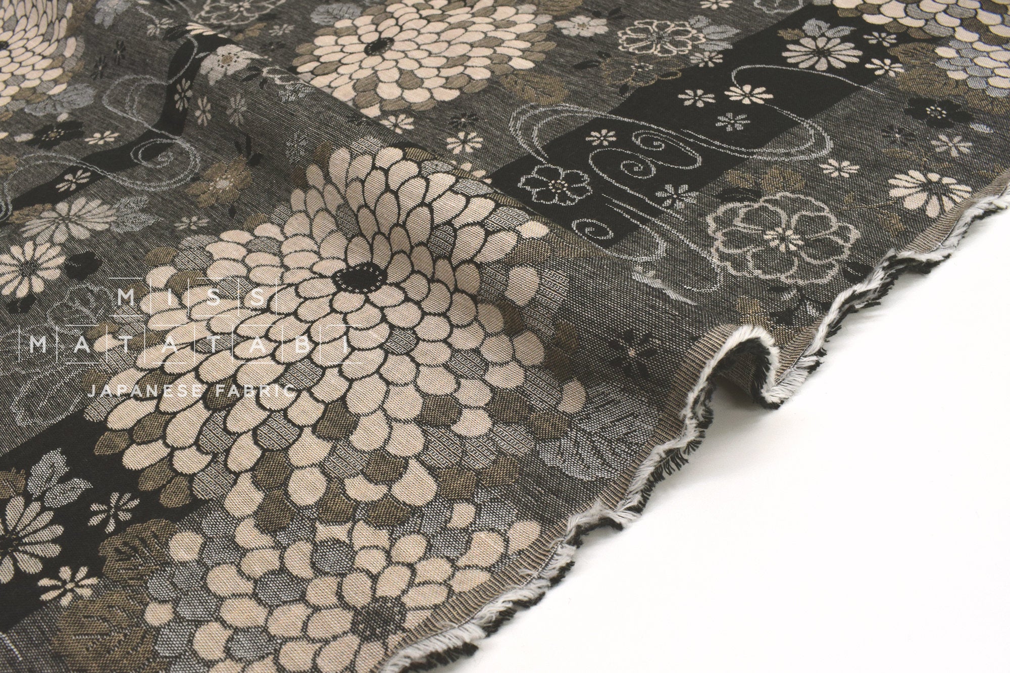 Japanese Fabric Yarn Dyed Jacquard Woven Flower Pond - black, latte - 50cm
