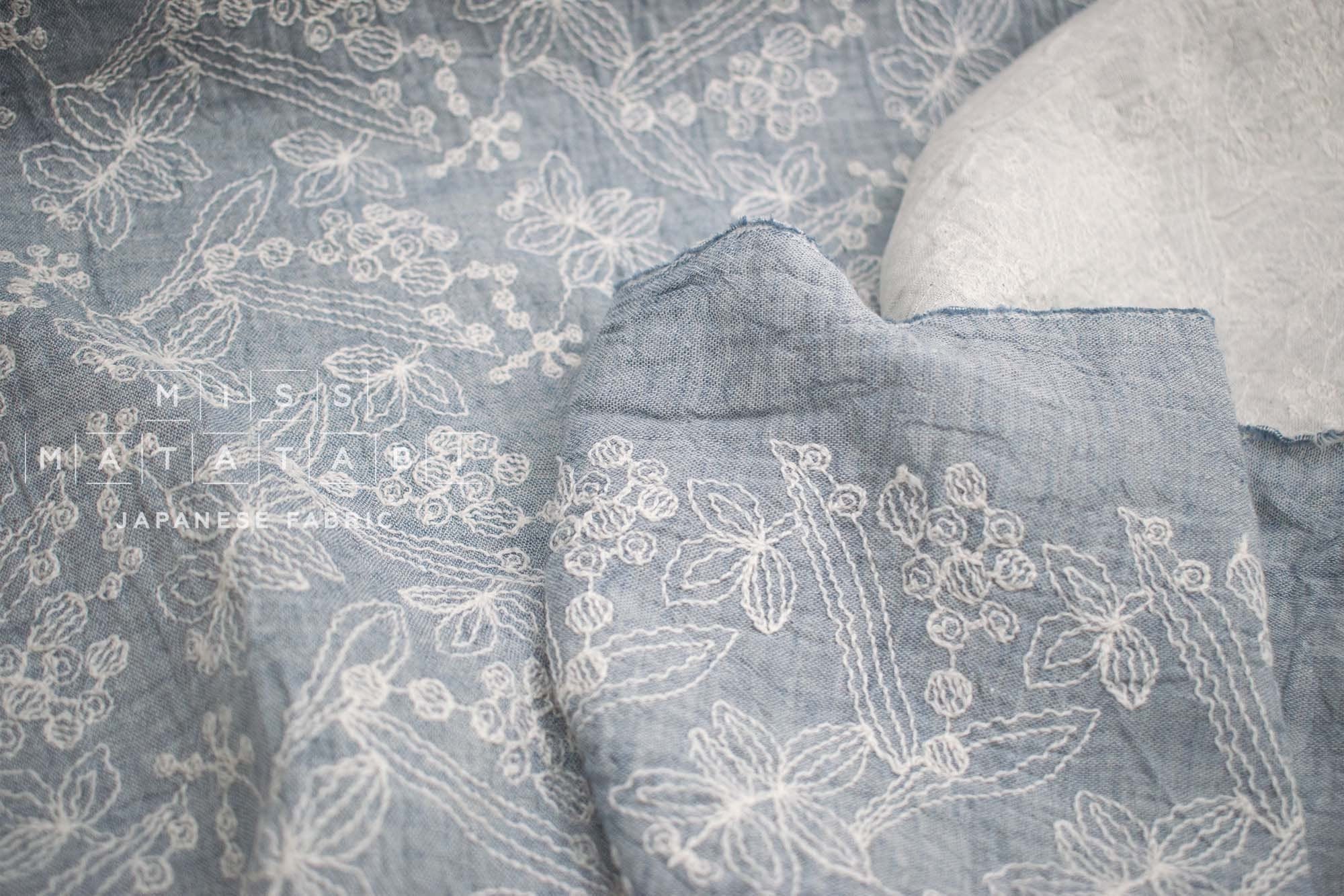 Japanese Fabric Shokunin Collection Yarn-Dyed Sun-Dried Embroidered Double Gauze - light blue - 50cm