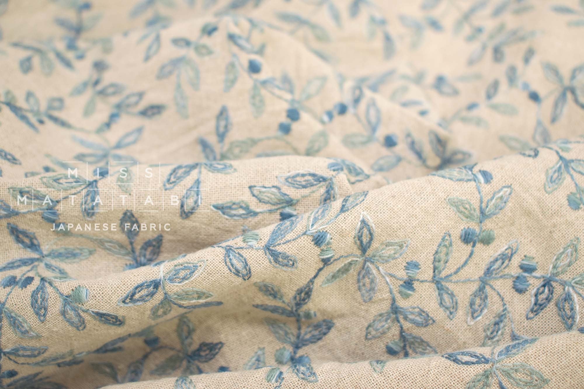 Japanese Fabric Shokunin Collection Yarn-Dyed Sun-Dried Kasuri Embroidered Linen Blend - blue - 50cm