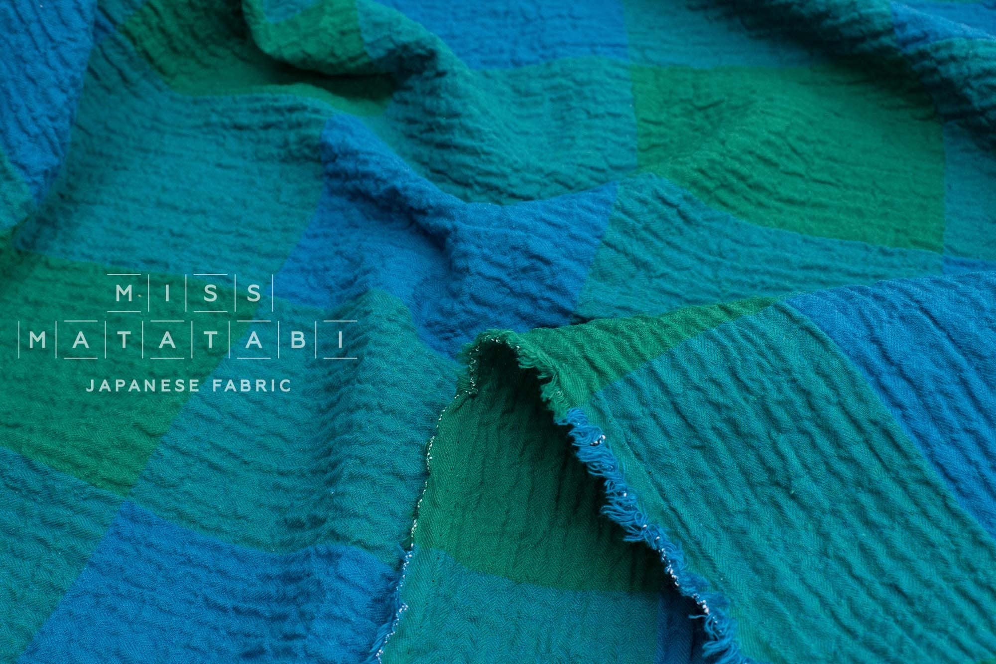 Japanese Fabric Shokunin Collection Yarn-Dyed Large Plaid Herringbone - green, blue - 50cm