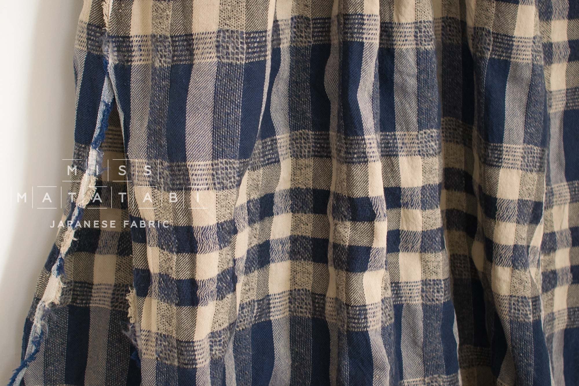 Japanese Fabric Shokunin Collection Yarn-Dyed Wool Blend Check Plaid - blue - 50cm