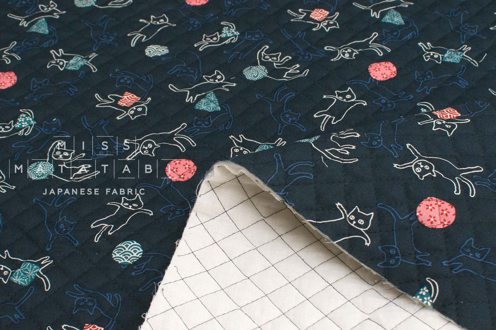 Japanese Quilted Cotton Wa Cats I - indigo blue - 50cm