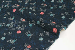 Japanese Quilted Cotton Wa Cats I - indigo blue - 50cm