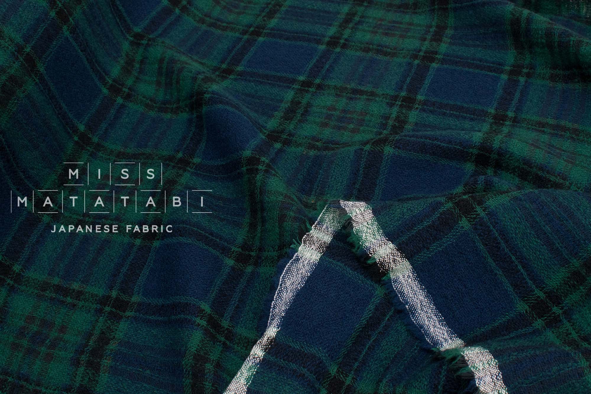 Japanese Fabric Shokunin Collection Yarn-Dyed Wool Tartan Plaid - Black Watch, navy blue, green - 50cm