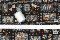 Japanese Quilted Cotton Wa Cats III - black, blue, grey - 50cm