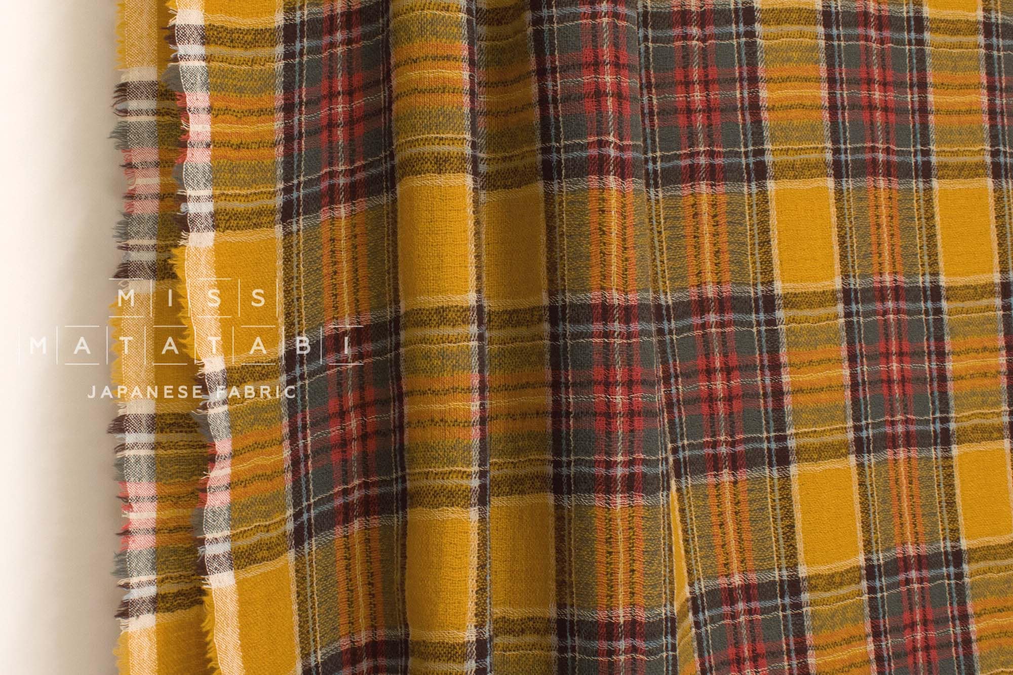 Japanese Fabric Shokunin Collection Yarn-Dyed Wool Tartan Plaid - dark mustard, green, red - 50cm