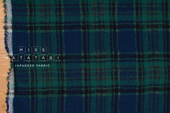 Japanese Fabric Shokunin Collection Yarn-Dyed Wool Tartan Plaid - Black Watch, navy blue, green - 50cm