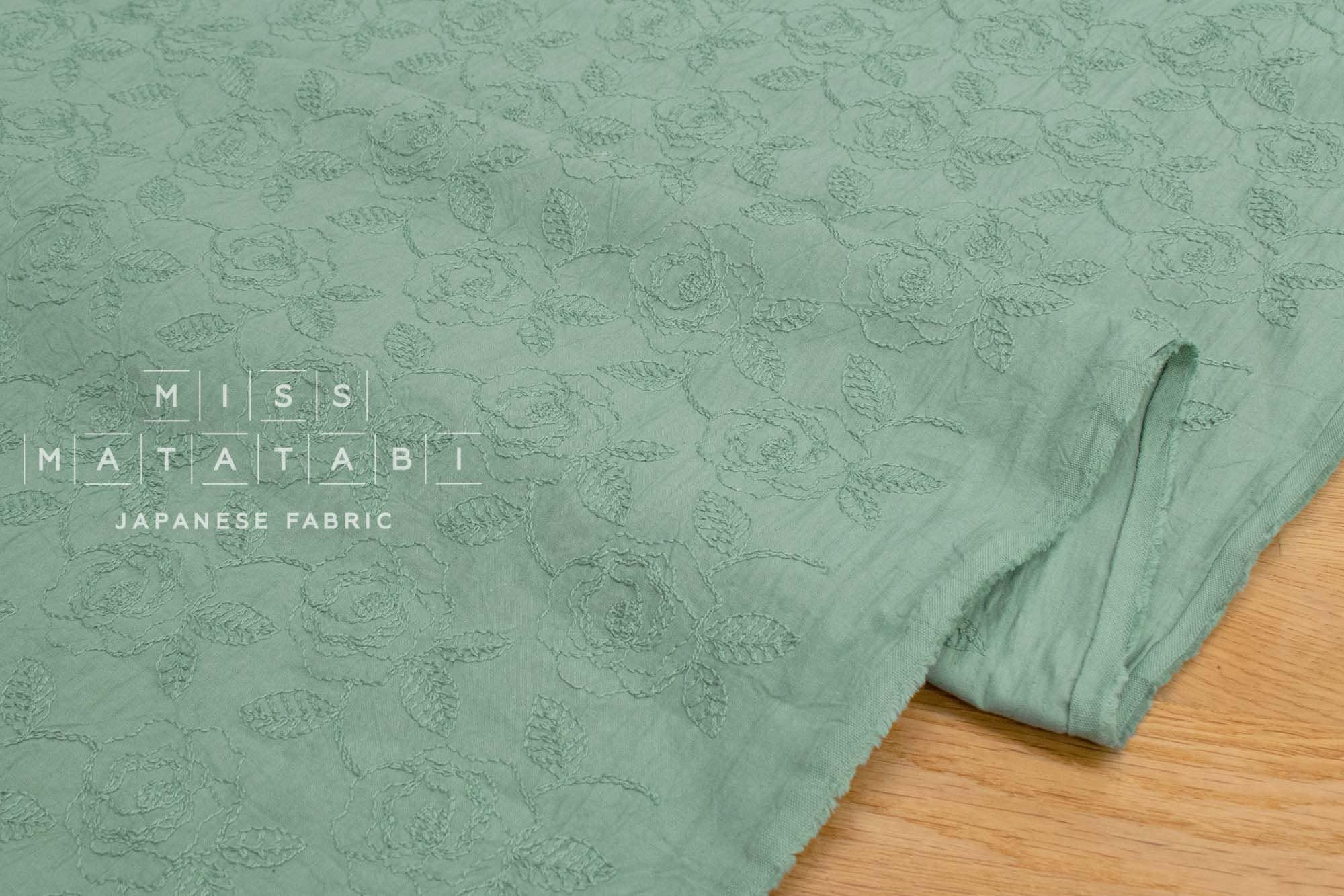 Japanese Fabric Shokunin Collection Sun-Dried Embroidered Rose Cotton Batiste - sage green - 50cm