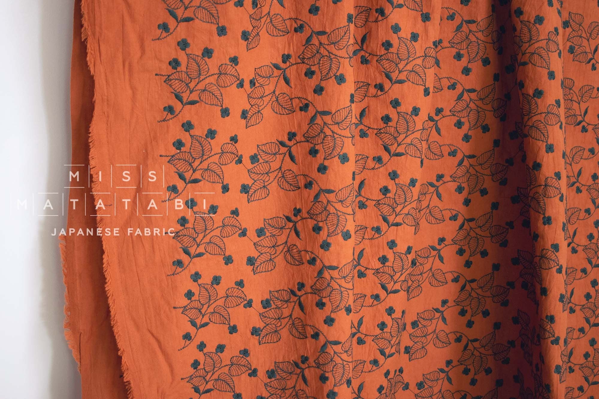 Japanese Fabric Shokunin Collection Sun-Dried Embroidered Vines Cotton Batiste - orange - 50cm