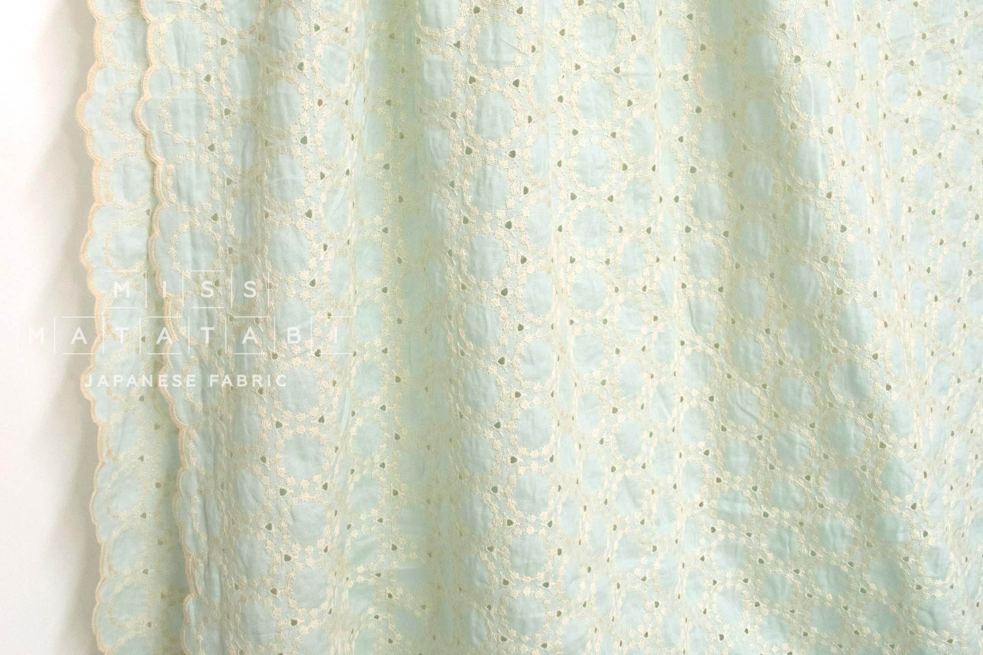 Japanese Fabric Embroidered Scallop Selvedge Broderie Anglaise - light aqua - 50cm