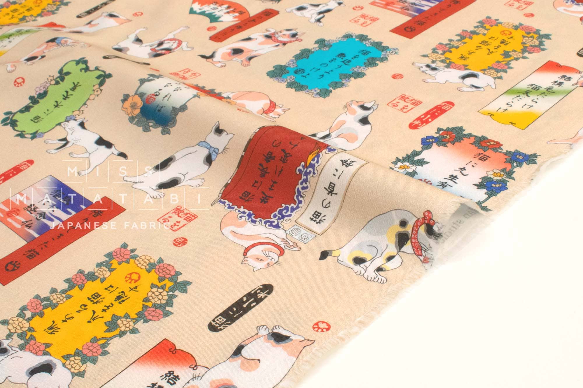 Japanese Fabric Ukiyo-e Kuniyoshi Style Cat Proverbs - A - 50cm