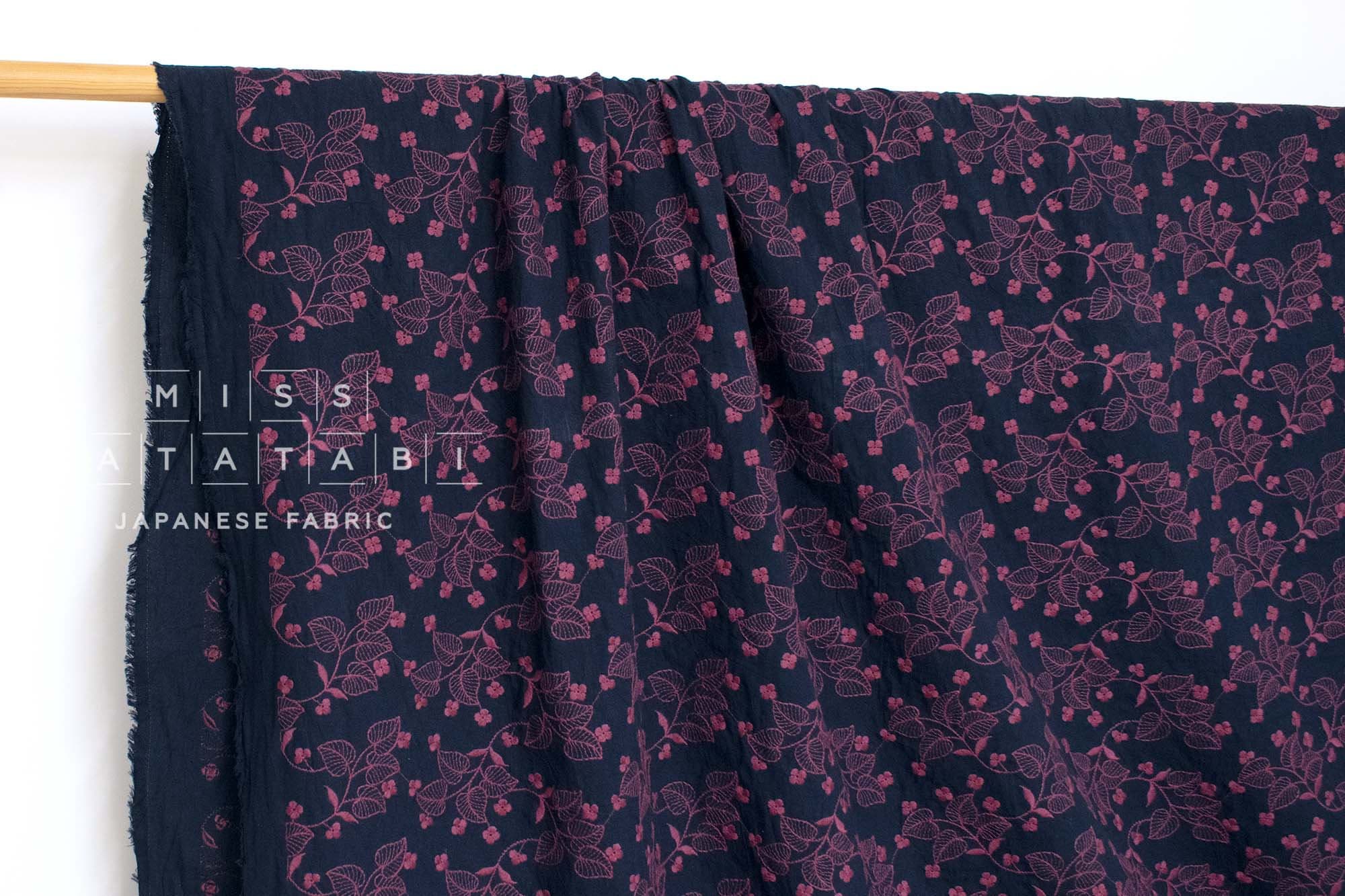 Japanese Fabric Shokunin Collection Sun-Dried Embroidered Vines Cotton Batiste - navy blue - 50cm