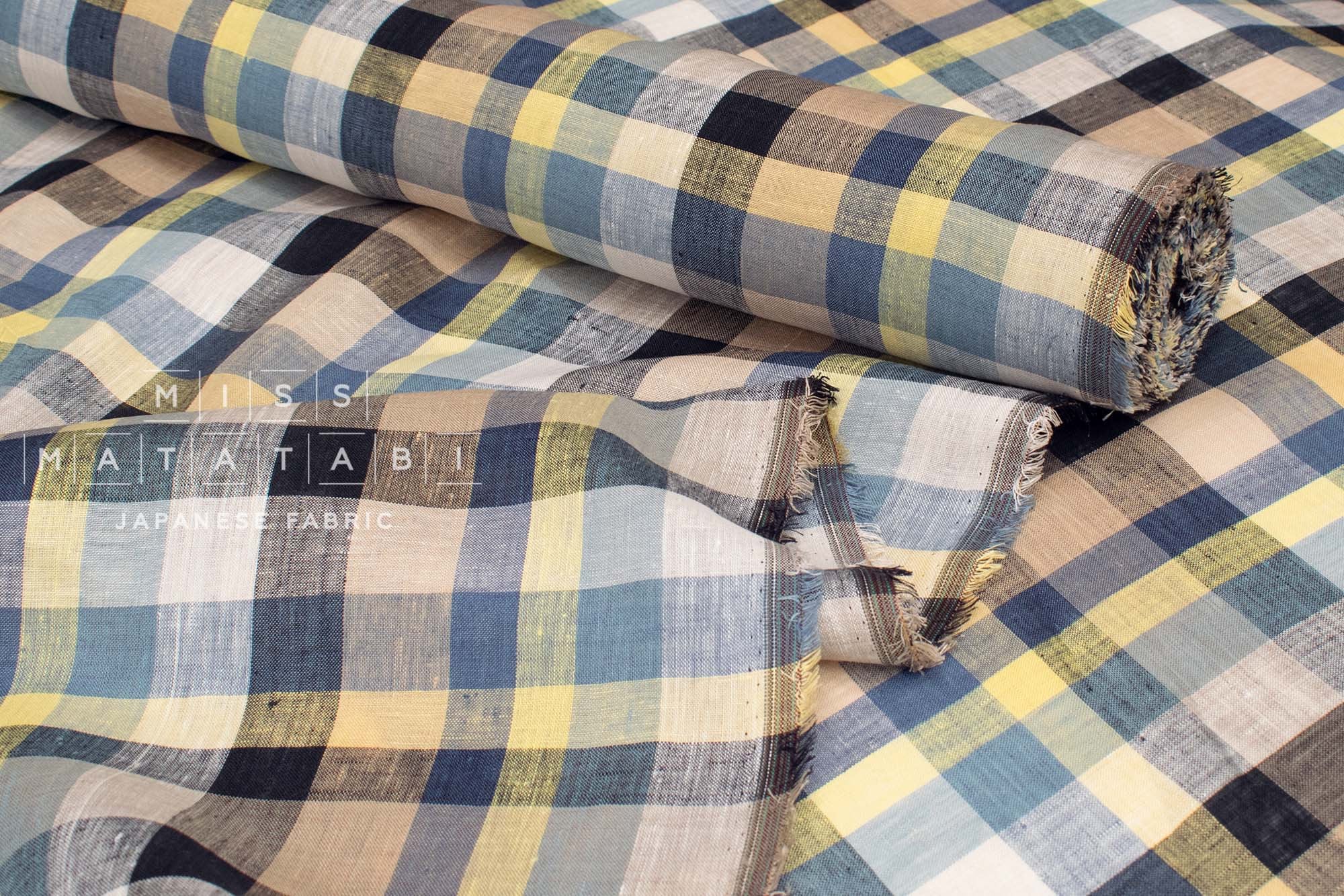 DEADSTOCK Japanese Fabric 100% Linen Check Plaid - 7 -  50cm