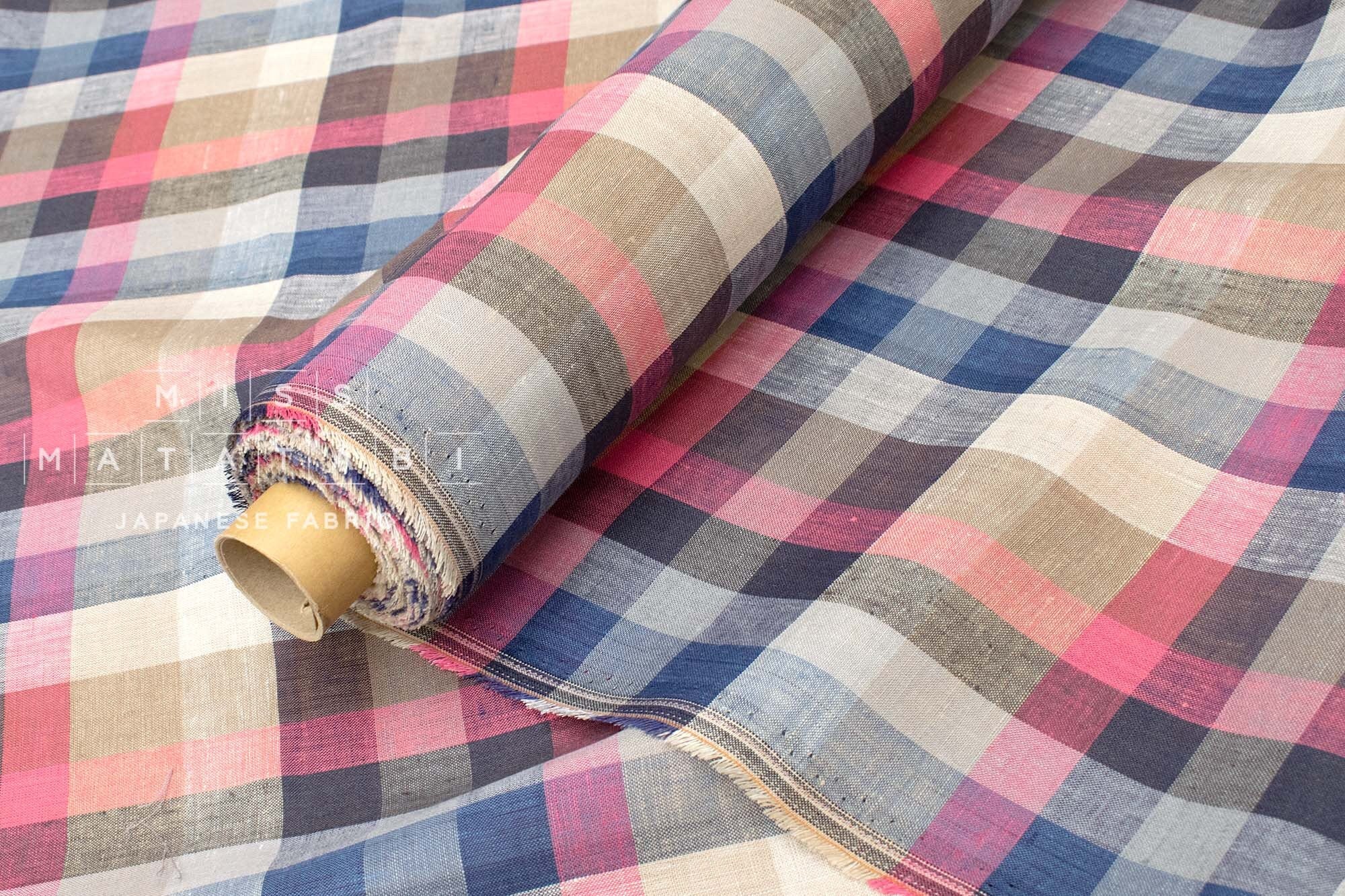 DEADSTOCK Japanese Fabric 100% Linen Check Plaid - 32 - 50cm