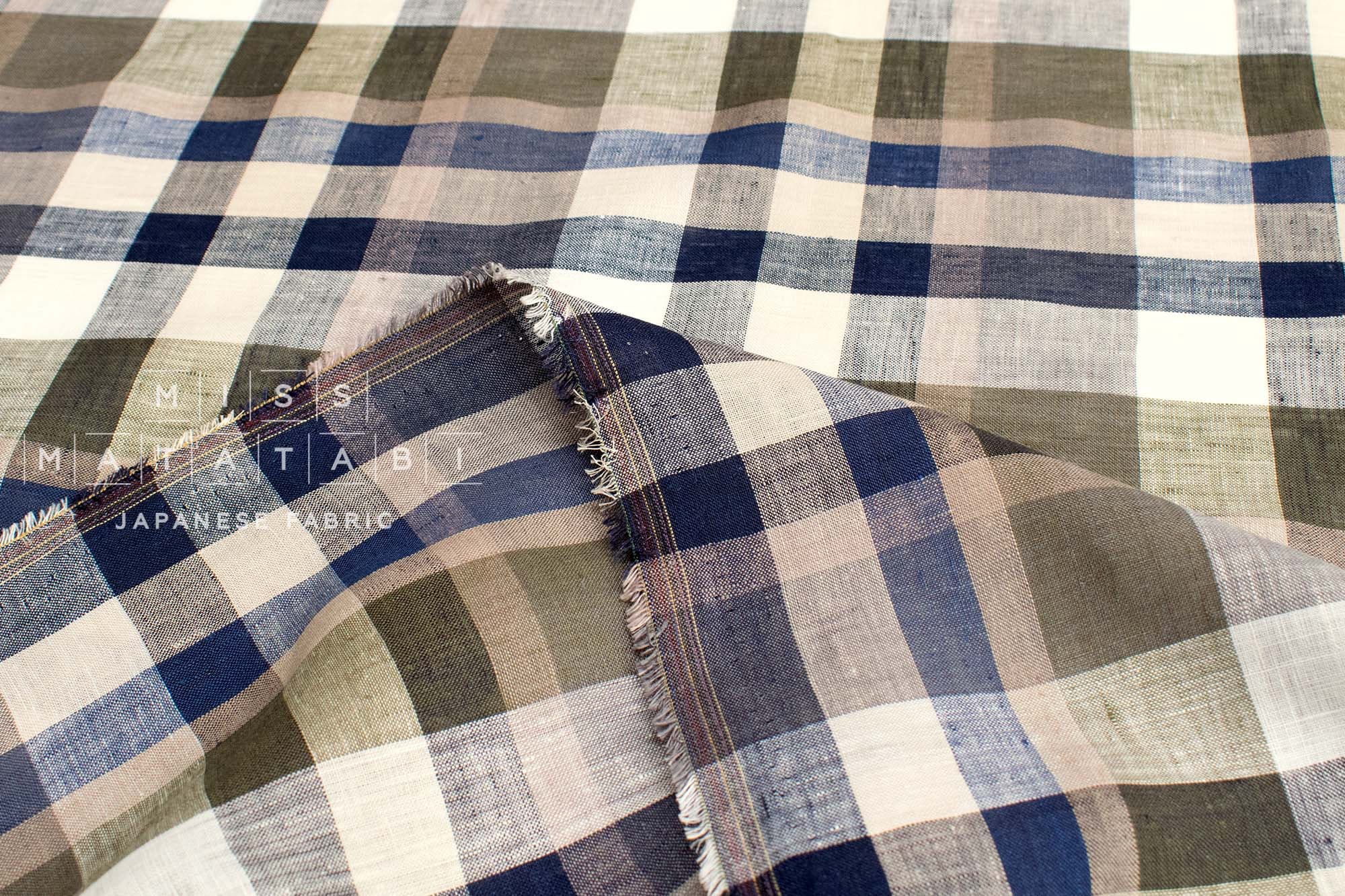 DEADSTOCK Japanese Fabric 100% Linen Check Plaid - 12 - 50cm