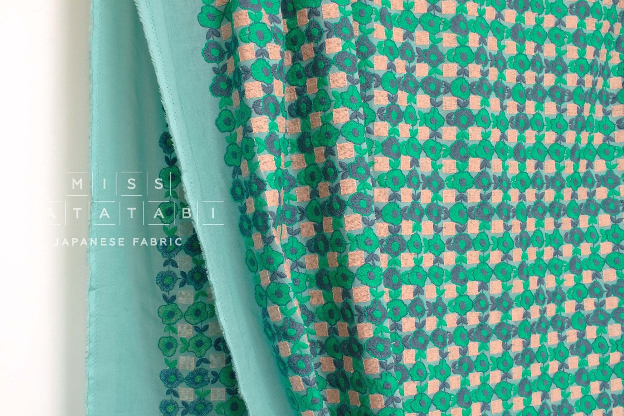 Japanese Fabric Floral Embroidered Cotton Lawn - blue, green - 50cm