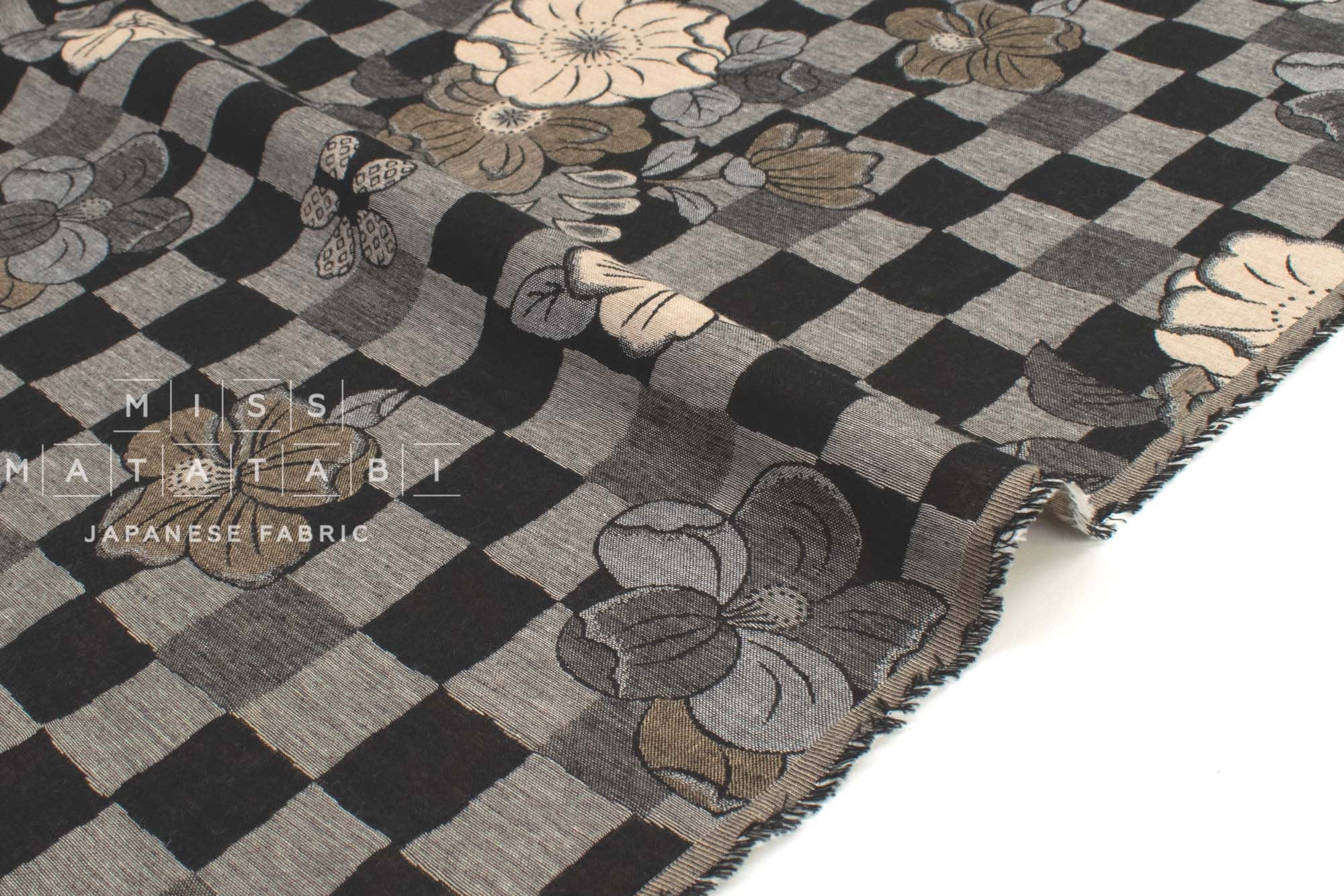 Japanese Fabric Yarn Dyed Jacquard Woven Floral Check - black, latte - 50cm