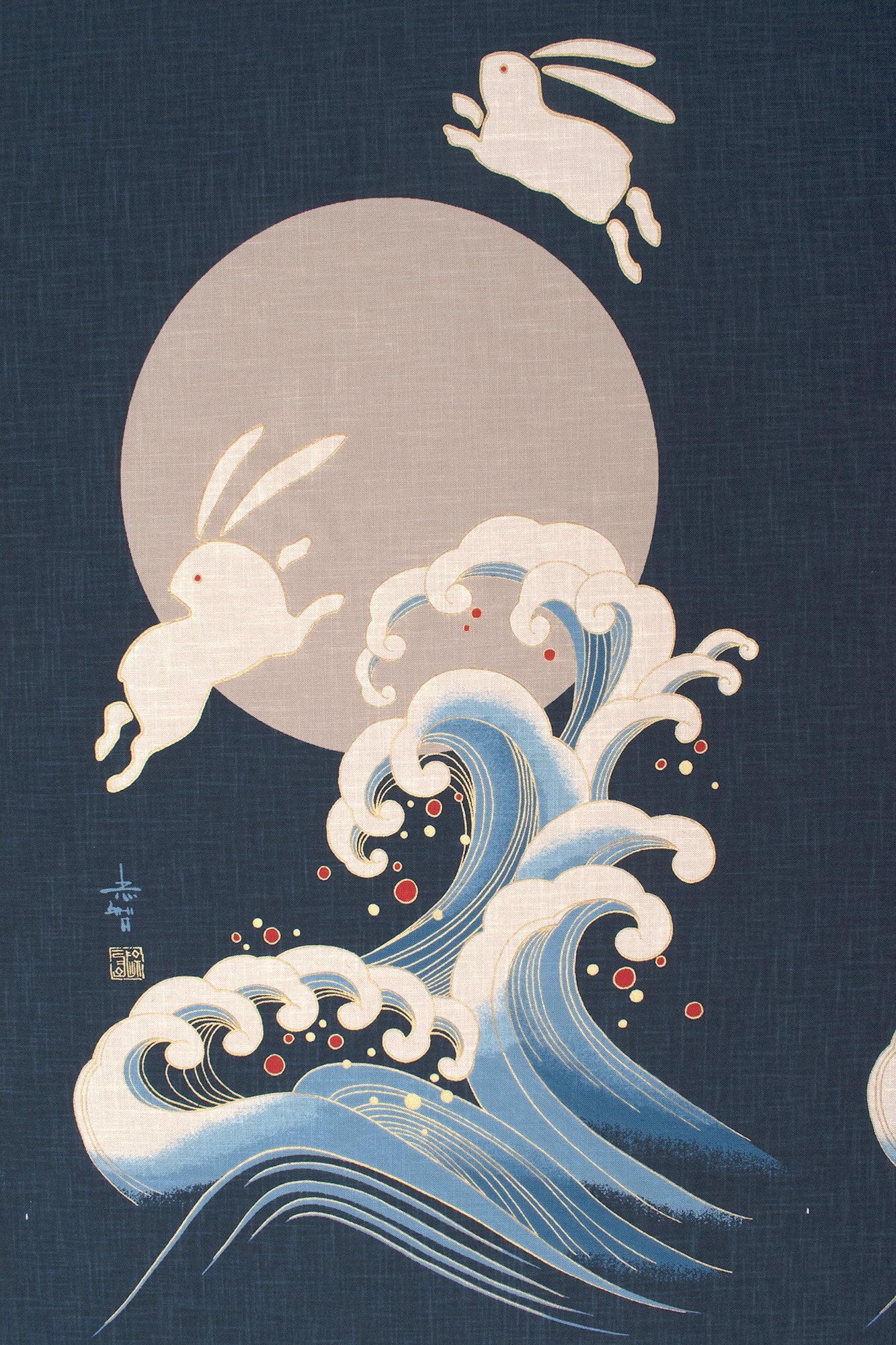 Shokunin Collection Hand-printed Japanese Fabric Panel Usagi and Nami - 50cm