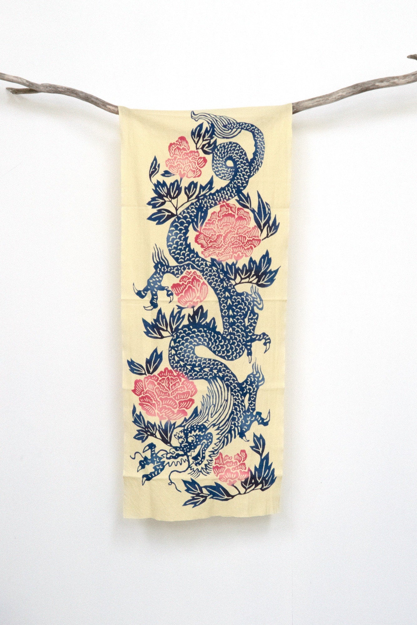 Shokunin Collection Hand-printed Chusen Japanese Tenugui Fabric - Year of the Dragon 2024 - Peony Dragon - pink, blue - 50cm