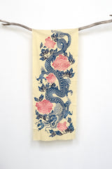 Shokunin Collection Hand-printed Chusen Japanese Tenugui Fabric - Year of the Dragon 2024 - Peony Dragon - pink, blue - 50cm