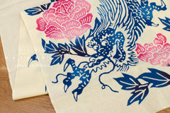Shokunin Collection Hand-printed Chusen Japanese Tenugui Fabric - Year of the Dragon 2024 - Peony Dragon - pink, blue - 50cm