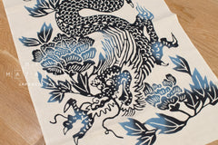 Shokunin Collection Hand-printed Chusen Japanese Tenugui Fabric - Year of the Dragon 2024 - Peony Dragon - blue, indigo - 50cm
