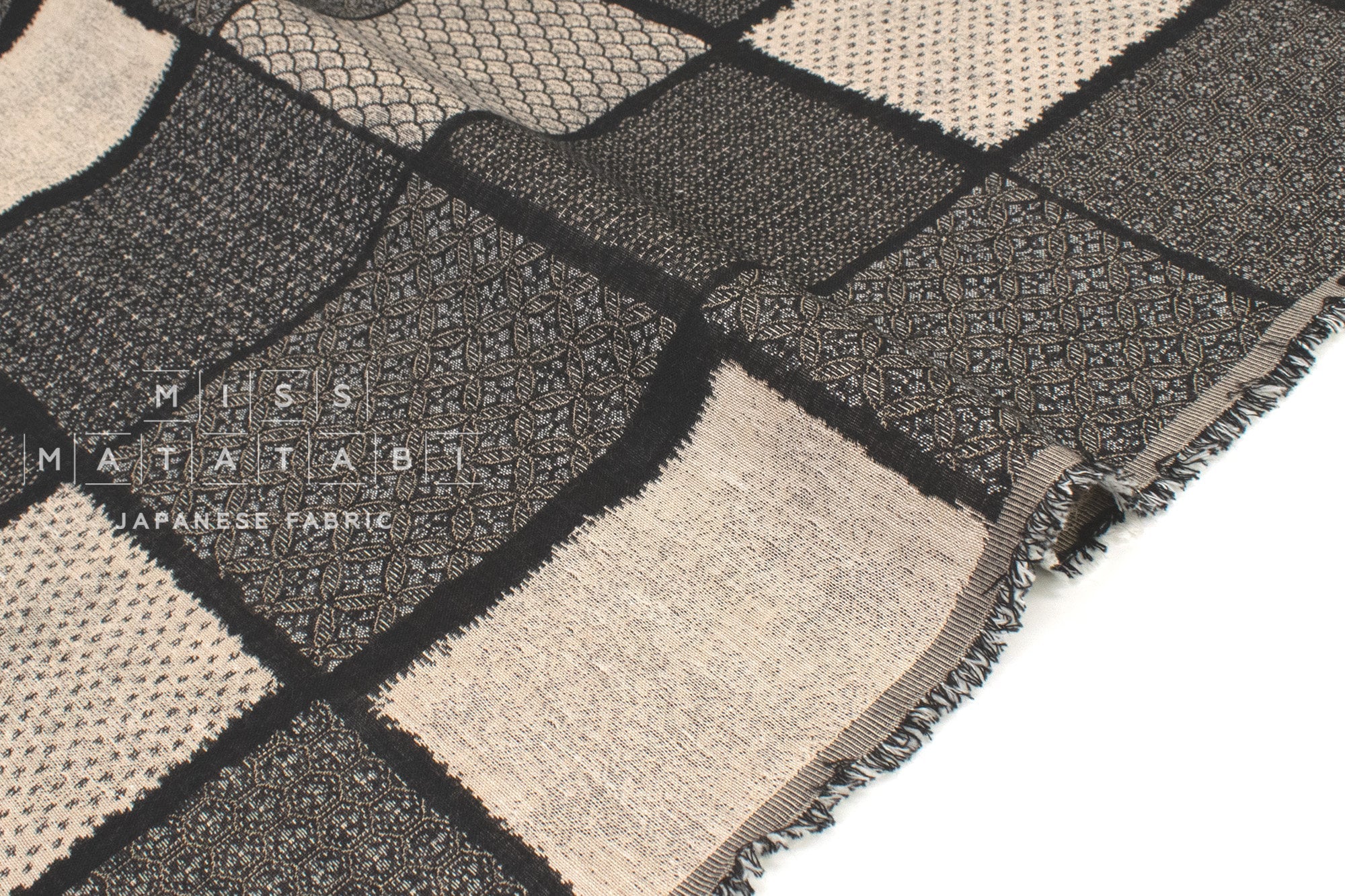 Japanese Fabric Yarn Dyed Woven Jacquard Patch - black, latte - 50cm