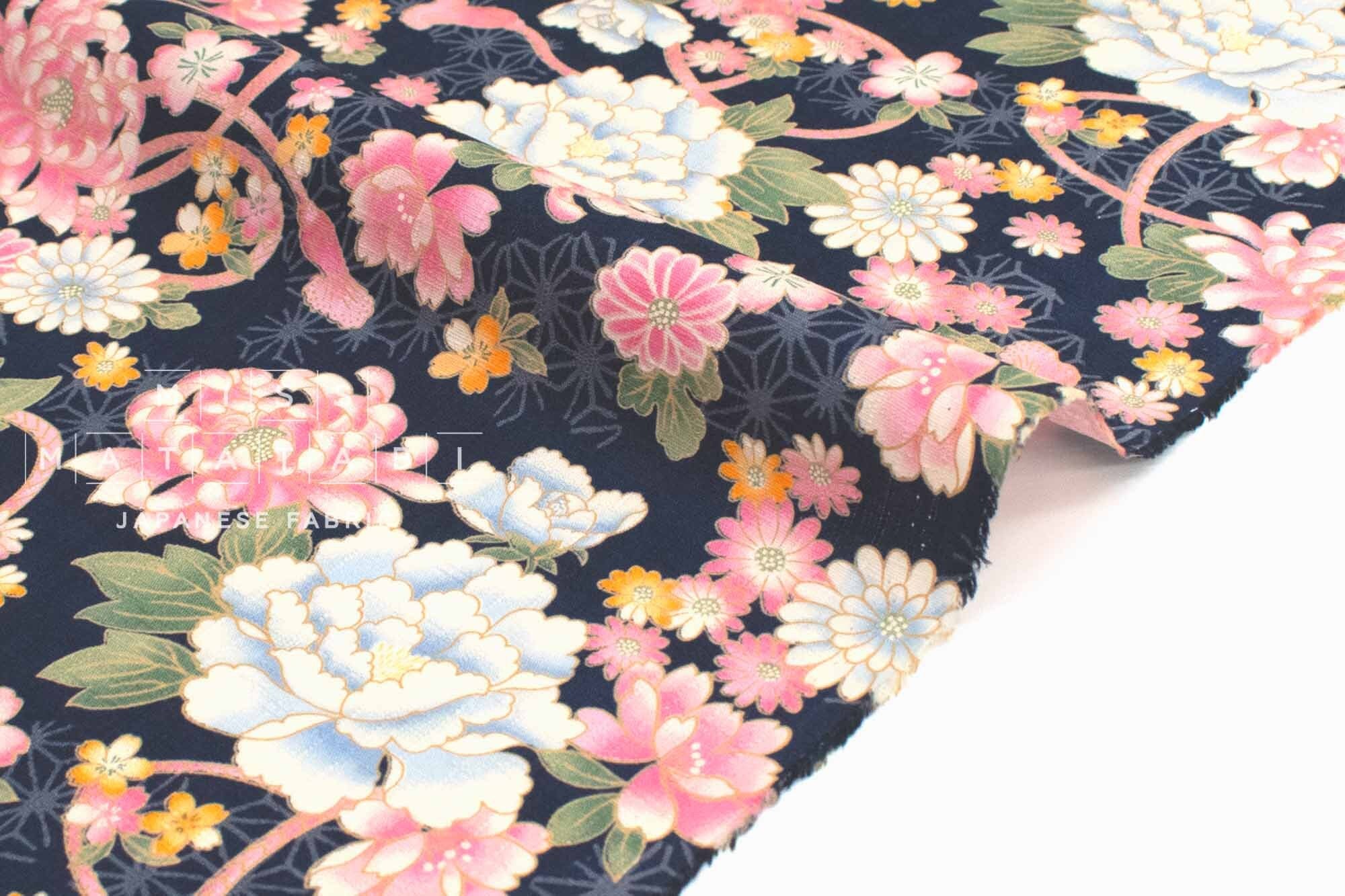 DEADSTOCK - Japanese Fabric Peony Spring - navy blue - 50cm
