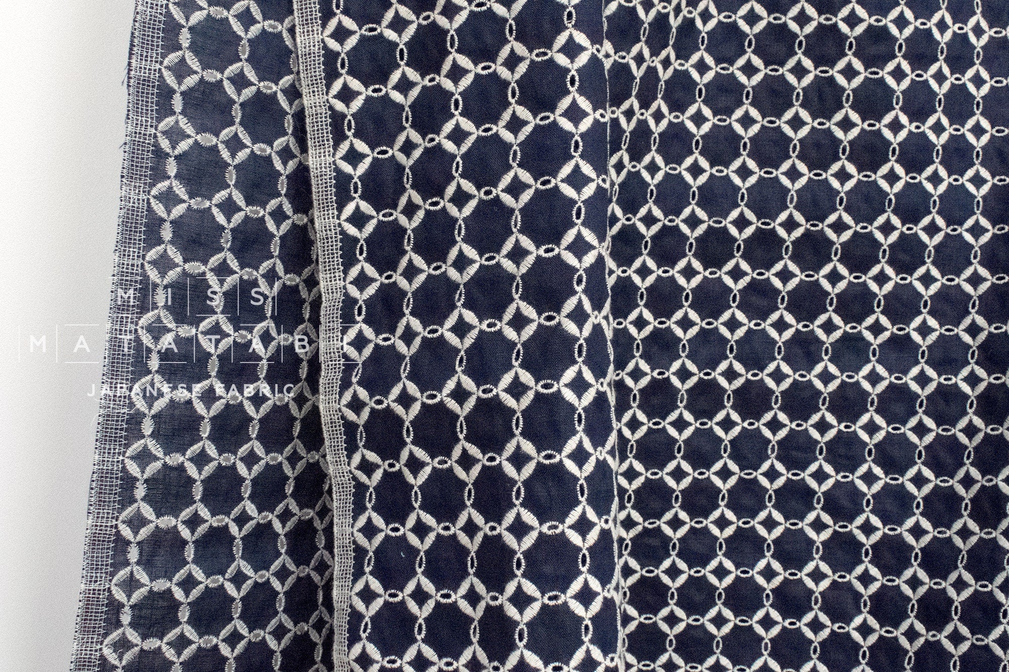 DEADSTOCK - Japanese Fabric Embroidered Eyelet Linen II - navy - 50cm