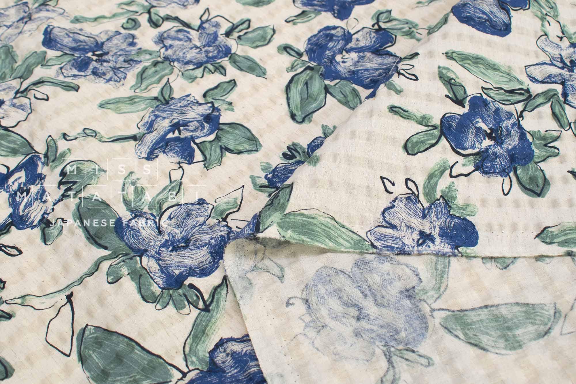 Japanese Fabric Cotton Linen Ripple Drawn Floral - B - 50cm
