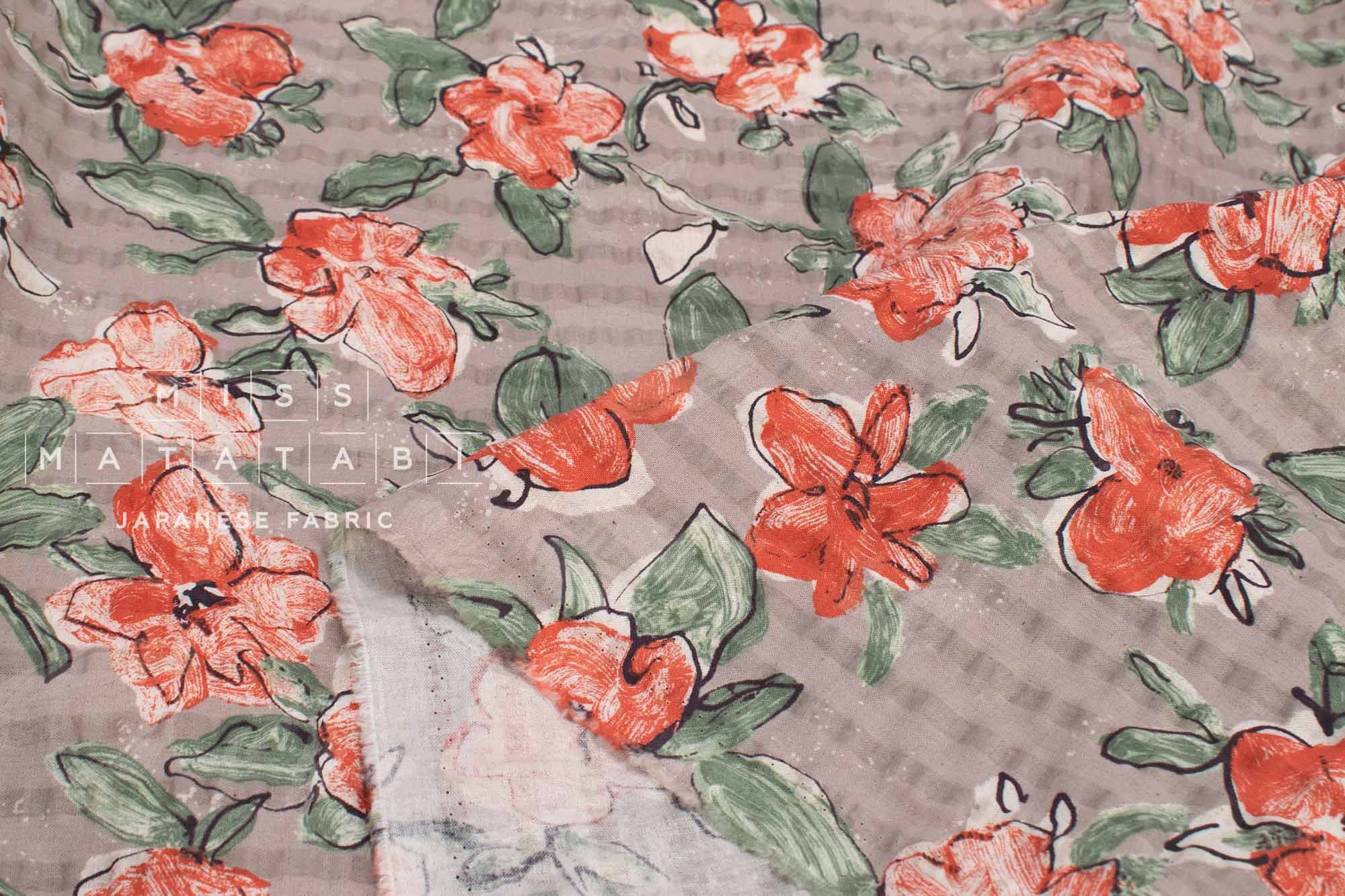 Japanese Fabric Cotton Linen Ripple Drawn Floral - C - 50cm