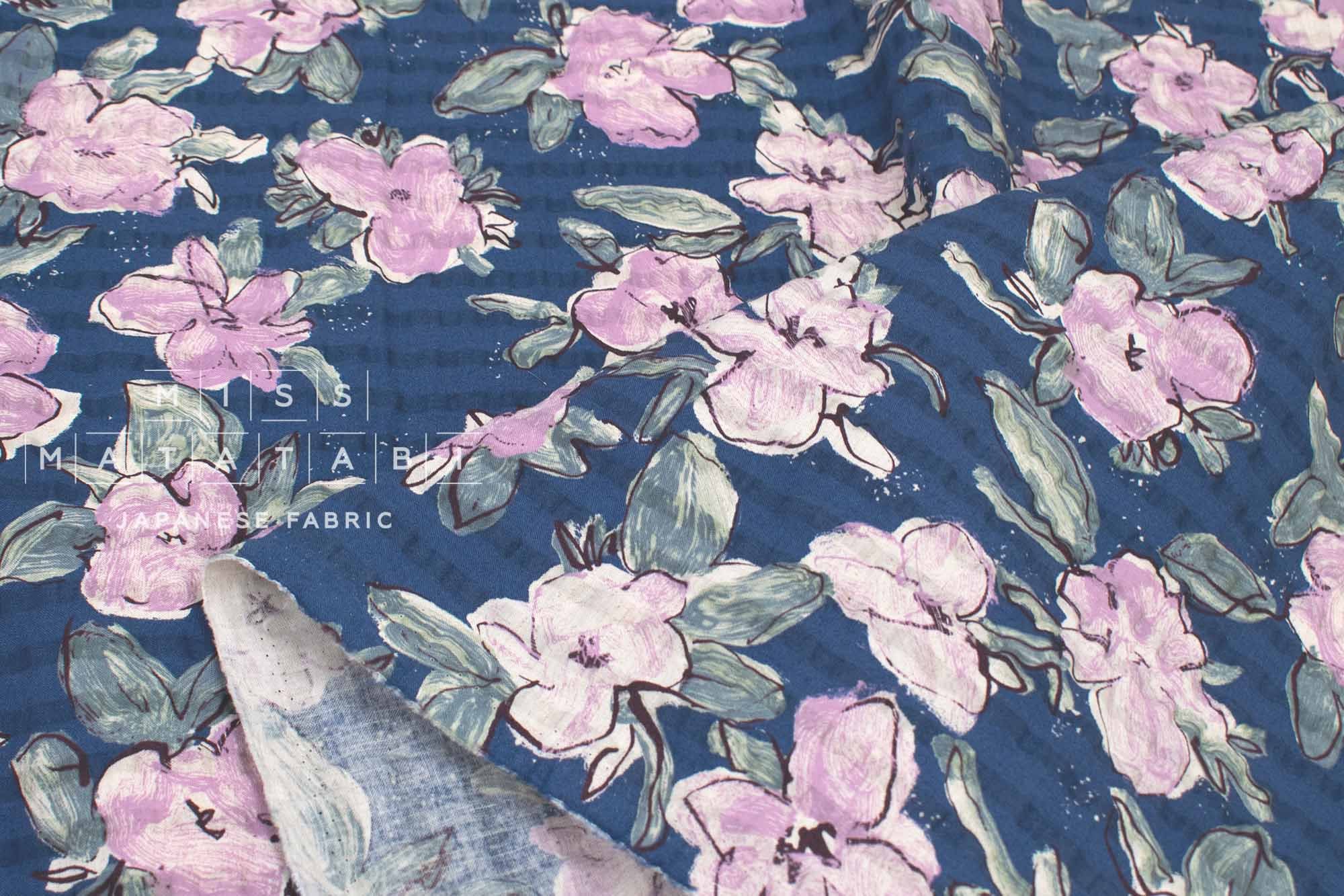 Japanese Fabric Cotton Linen Ripple Drawn Floral - E - 50cm