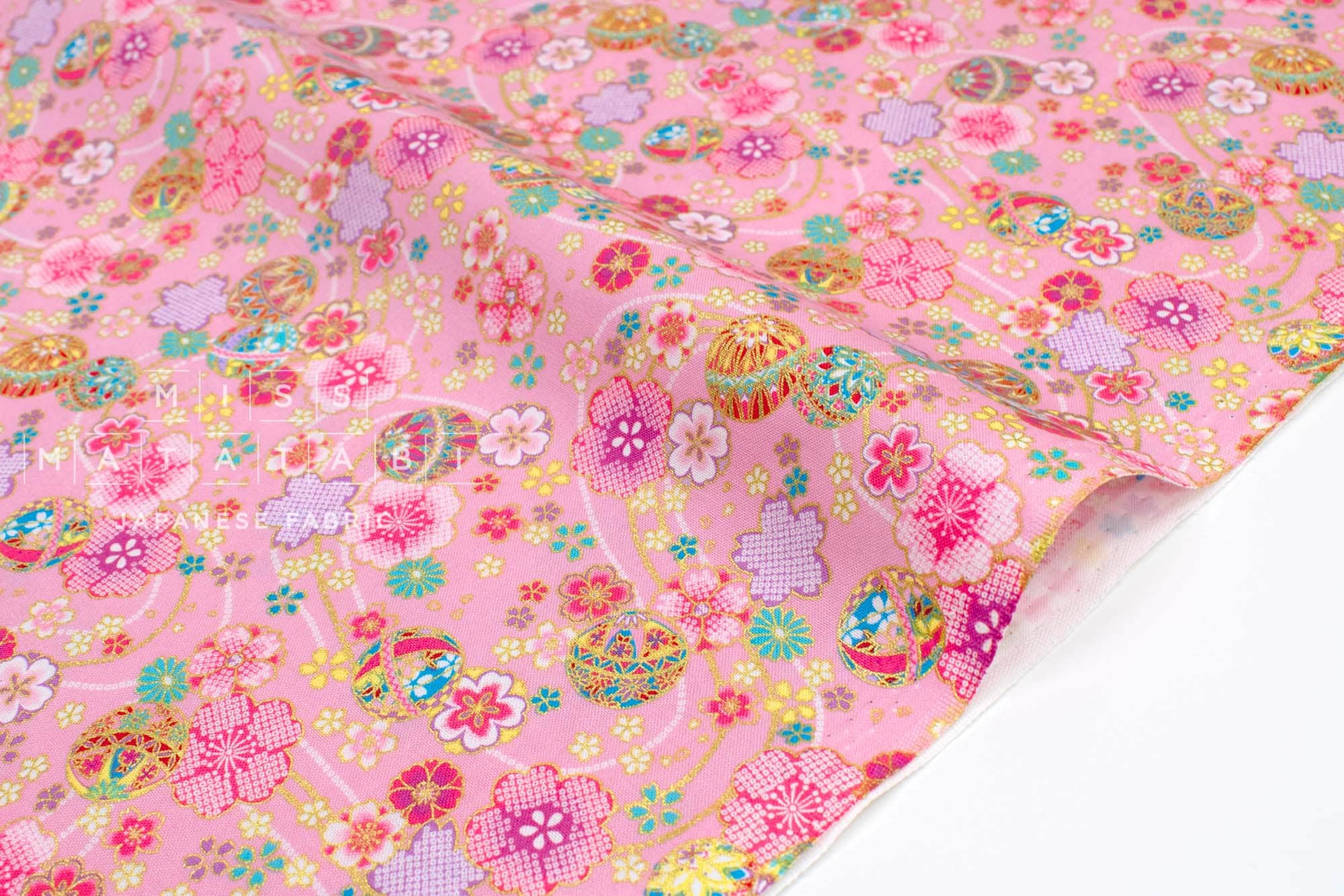Japanese Fabric Metallic Gold Sakura Cherry Blossoms - pink - 50cm