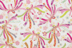 Japanese Fabric Metallic Gold Ribbons and Sakura - pale light grey - 50cm