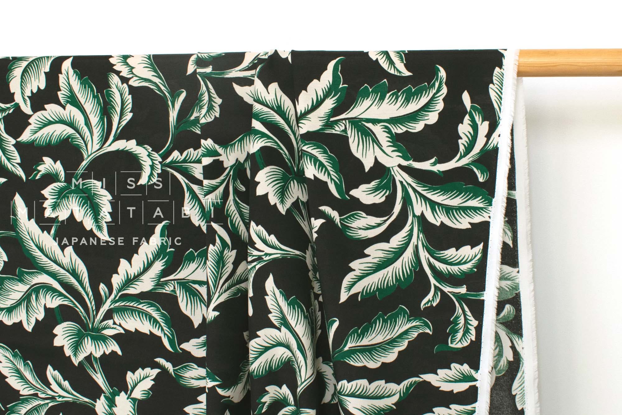 DEADSTOCK Japanese Fabric Rayon Fujiette Leaves - black, green - 50cm