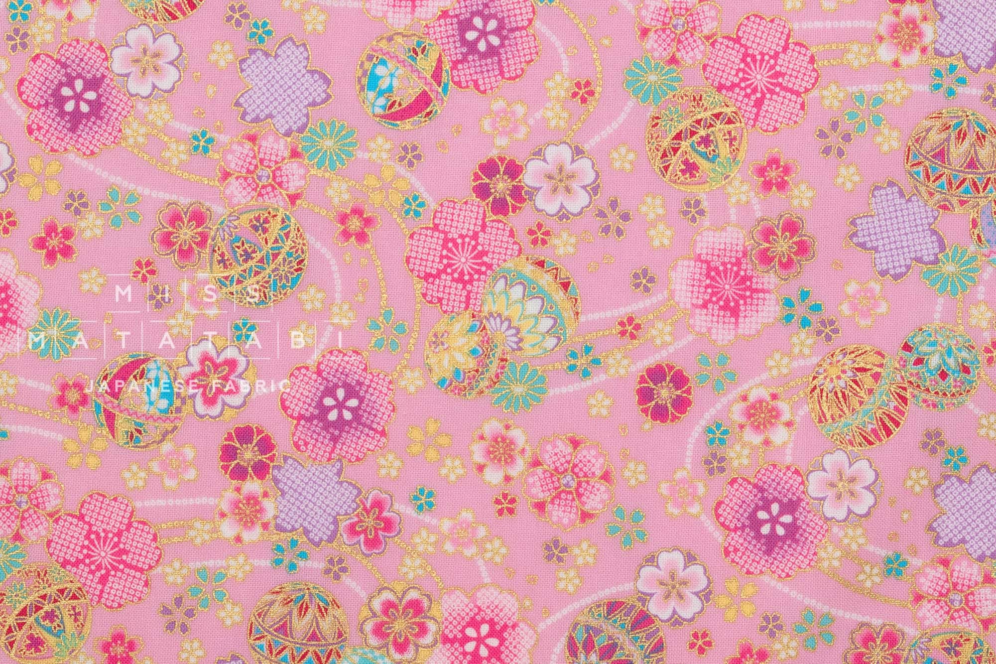 Japanese Fabric Metallic Gold Sakura Cherry Blossoms - pink - 50cm
