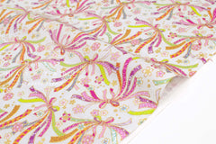 Japanese Fabric Metallic Gold Ribbons and Sakura - pale light grey - 50cm