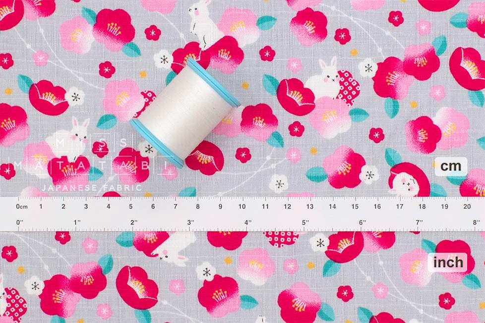 Japanese Fabric Tsubaki Camellia and Bunnies - grey - 50cm