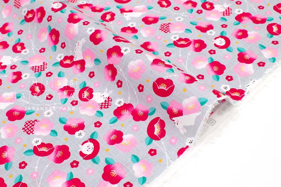 Japanese Fabric Tsubaki Camellia and Bunnies - grey - 50cm
