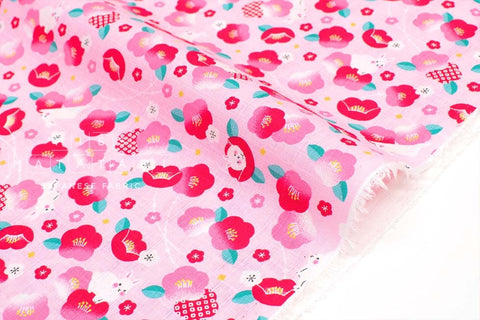 Japanese Fabric Tsubaki Camellia and Bunnies - pink - 50cm