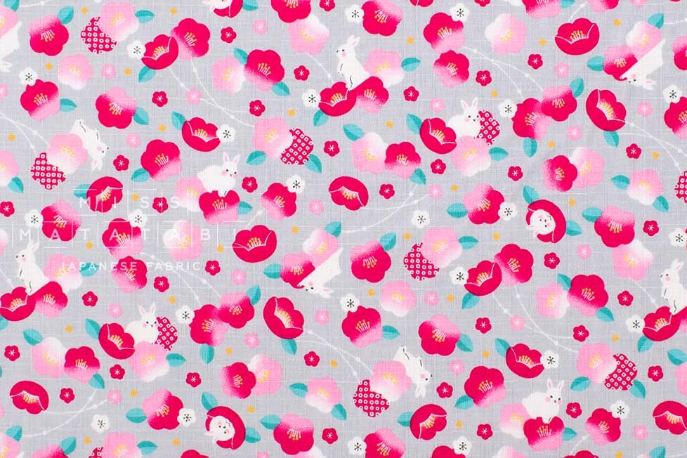 Japanese Fabric Tsubaki Camellia and Bunnies - grey - 50cm
