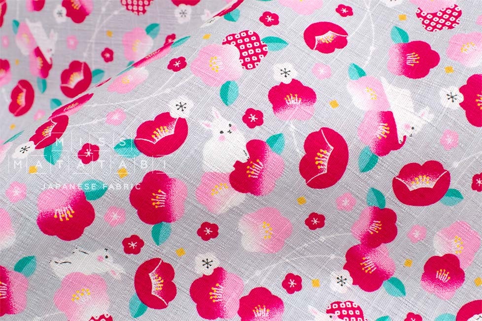 Japanese Fabric Tsubaki Camellia and Bunnies - grey - 50cm
