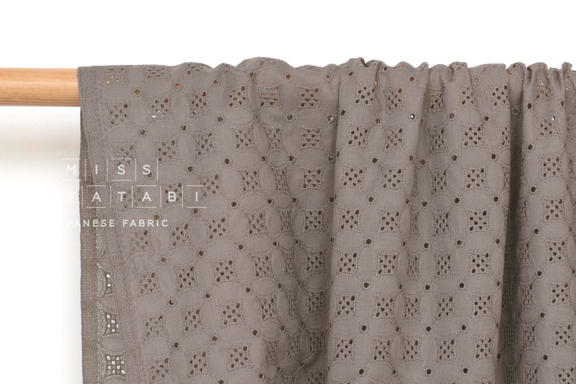 Japanese Fabric Embroidered Eyelet Cotton Lawn - stone taupe - 50cm
