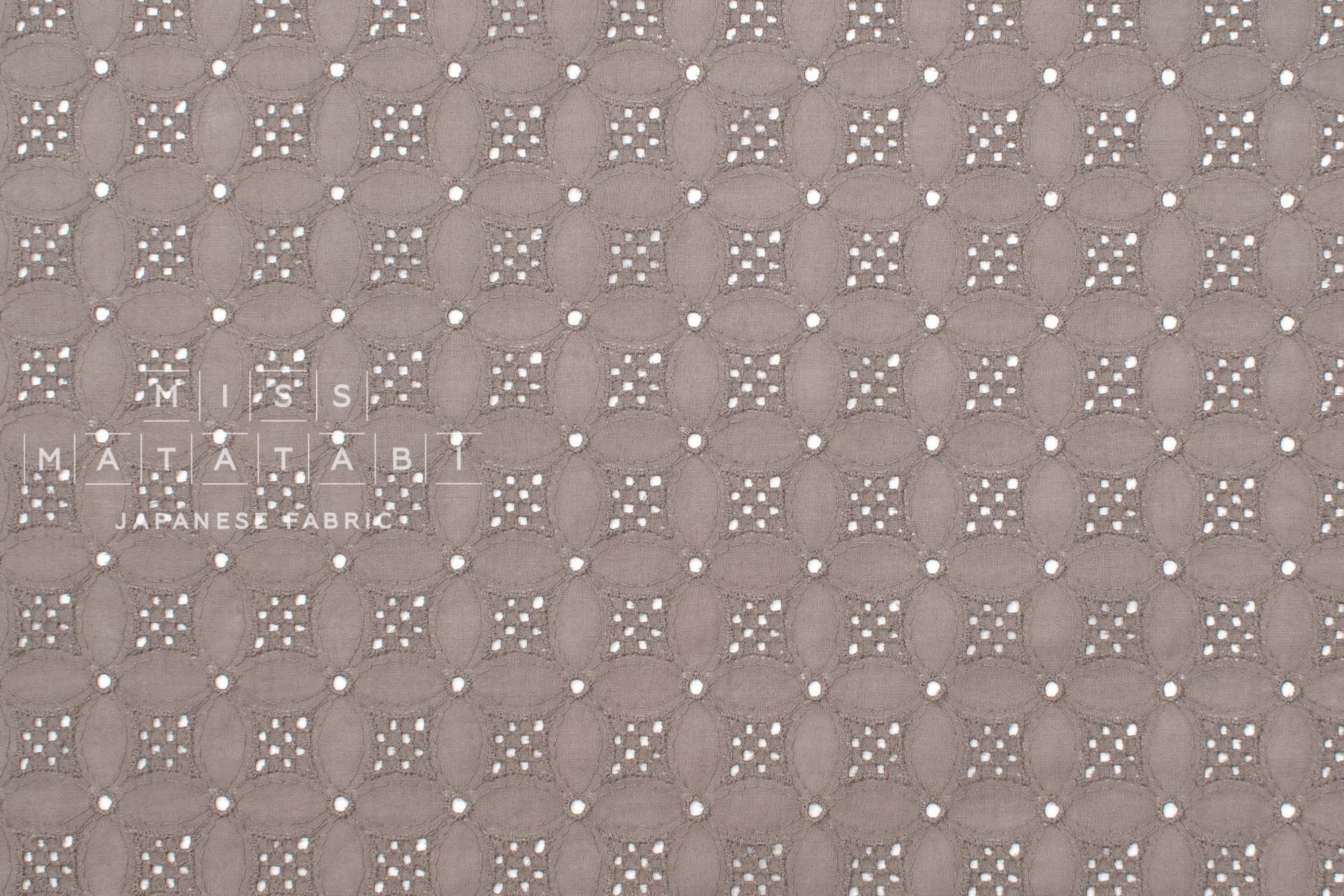 Japanese Fabric Embroidered Eyelet Cotton Lawn - stone taupe - 50cm